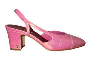 Chanel 26K Pink Iridescent Crocodile Croc Coco Slingback Block Low Heel Pump 40